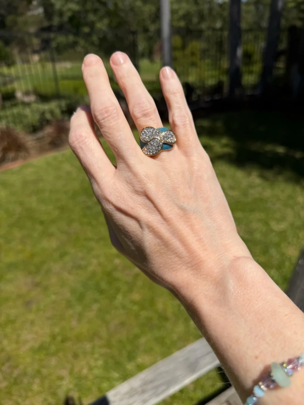 Crystal Flower Statement Ring in Turquoise and Gold Tone - Picture 6 of 6